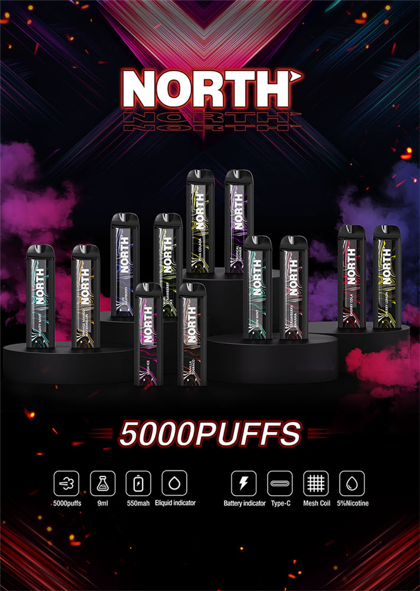 NORTH NIC 5% RECHARGEABLE DISPOSABLE 10ML 5000 PUFFS